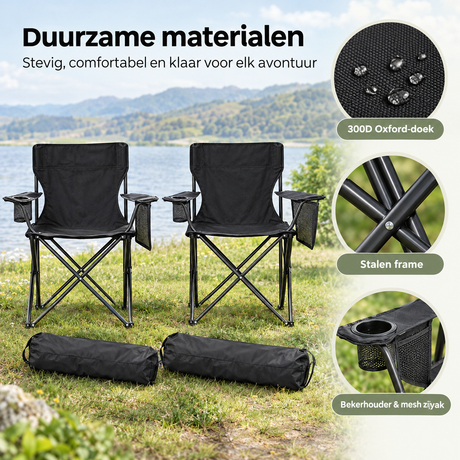Set van 2 opvouwbare BukkitBow campingstoelen met bekerhouders en draagtas, lichtgewicht en gemakkelijk te vervoeren.