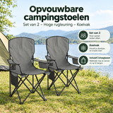 Set van 2 opvouwbare campingstoelen van BukkitBow met hoge rugleuning en koelvak, geschikt voor kampeerplezier.