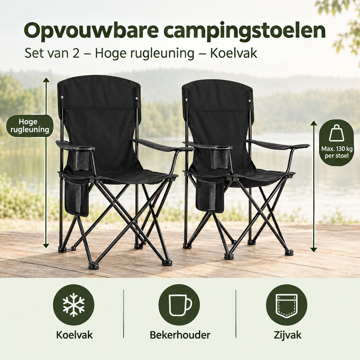 Set van 2 opvouwbare campingstoelen met hoge rugleuning en koelvak, gemaakt door BukkitBow, geschikt voor kamperen.