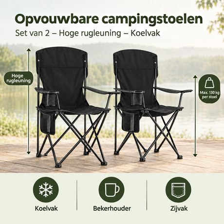 Set van 2 opvouwbare campingstoelen met hoge rugleuning en koelvak, gemaakt door BukkitBow, geschikt voor kamperen.