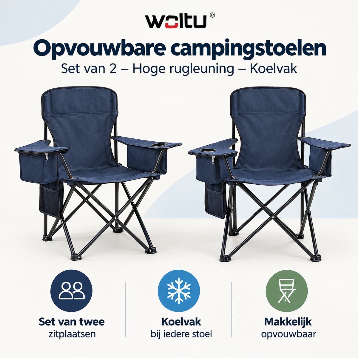 Set van 2 opvouwbare campingstoelen van BukkitBow met hoge rugleuning en koelvak, ideaal voor kampeeravonden en outdoor gebruik.
