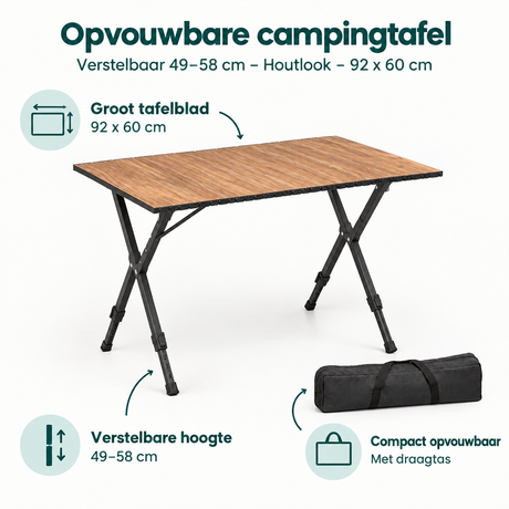 BukkitBow opvouwbare campingtafel met houtlook, verstelbaar in hoogte van 49 tot 58 cm, 92 x 60 cm, geschikt voor outdoor gebruik
