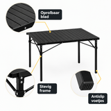 BukkitBow opvouwbare campingtafel met oprolbaar blad en draagtas, afmetingen 104x69x70 cm, geschikt voor kamperen.