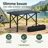 BukkitBow opvouwbare campingtafel met oprolbaar blad en draagtas, afmetingen 104x69x70 cm, ideaal voor kampeerplekken.