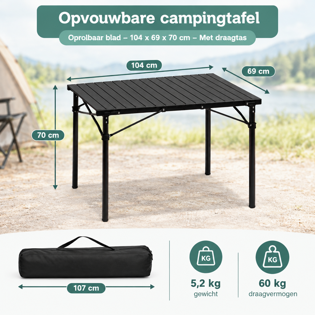 BukkitBow opvouwbare campingtafel met oprolbaar blad en draagtas, afmetingen 104x69x70 cm, geschikt voor outdoor gebruik.