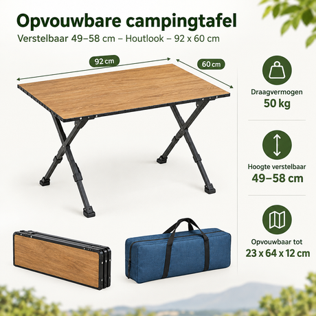 Opvouwbare campingtafel van BukkitBow met houtlook, verstelbaar in hoogte van 49 tot 58 cm, afmetingen 92 x 60 cm.