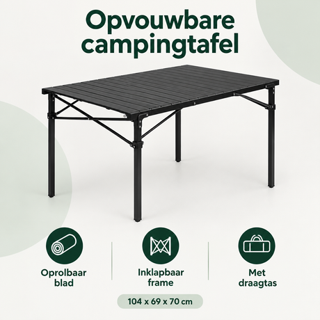 BukkitBow opvouwbare campingtafel met oprolbaar blad, afmetingen 104x69x70 cm en draagtas, geschikt voor kampeergebruik.