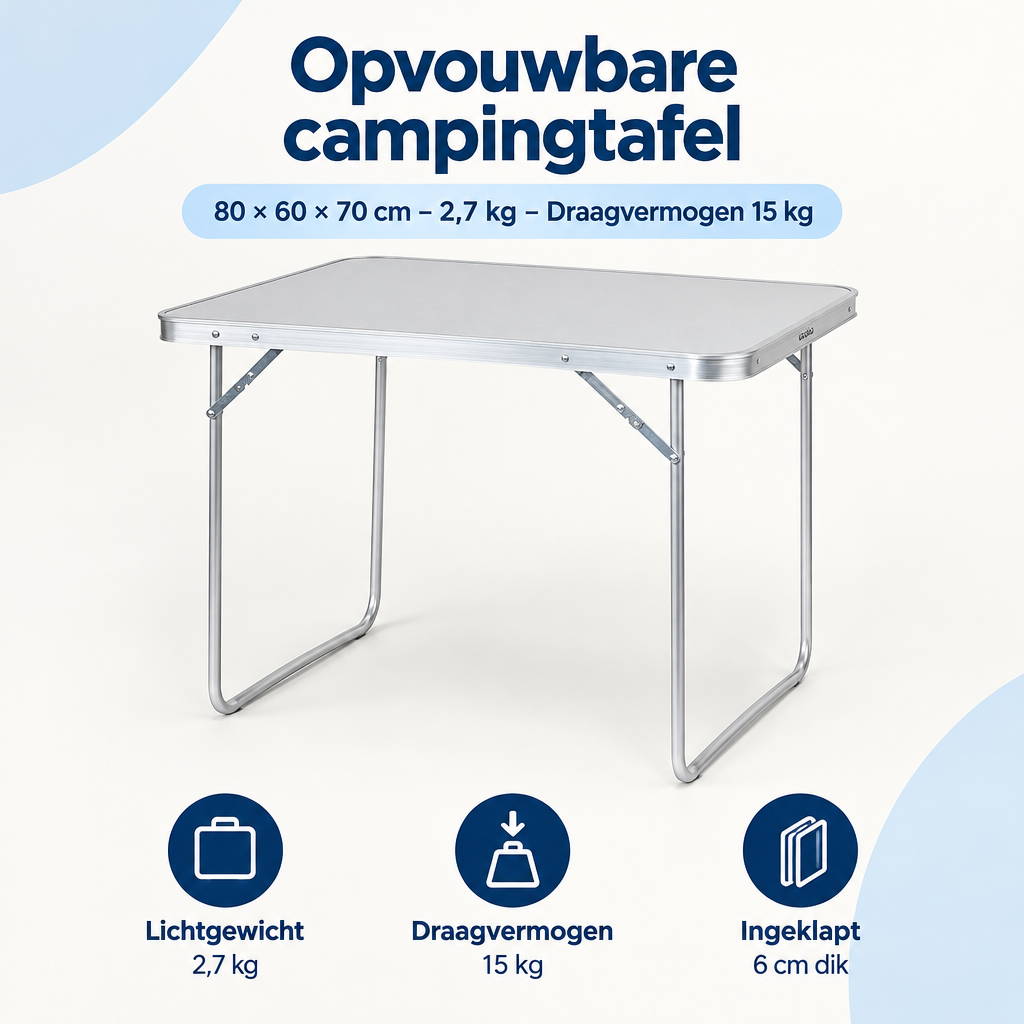 Opvouwbare campingtafel van BukkitBow, 80x60x70 cm, lichtgewicht, draagkracht 15 kg, ideaal voor kampeerplezier.