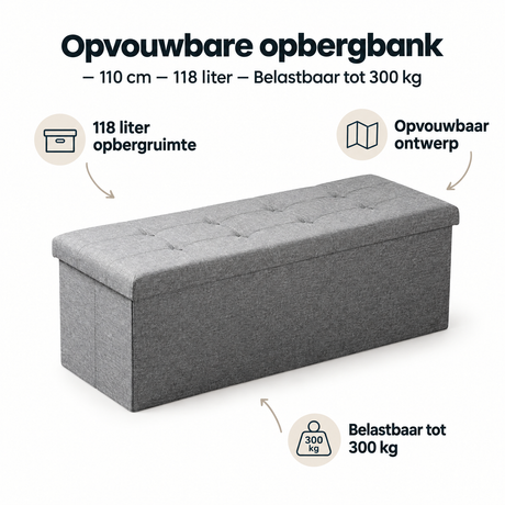 BukkitBow opvouwbare opbergbank van 110 cm met 118 liter inhoud en 300 kg draagvermogen, geschikt voor opslag en zitplezier