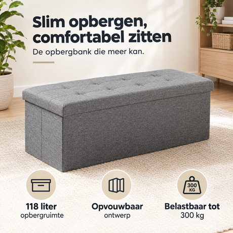 Opvouwbare opbergbank van BukkitBow, 110 cm lang, 118 liter volume, stevig tot 300 kg, ideaal voor extra opslag en zitplek