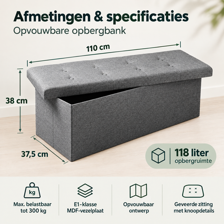 Opvouwbare opbergbank van BukkitBow, 110 cm lang, 118 liter capaciteit en maximaal 300 kg belastbaarheid, zichtbaar in de afbeelding.