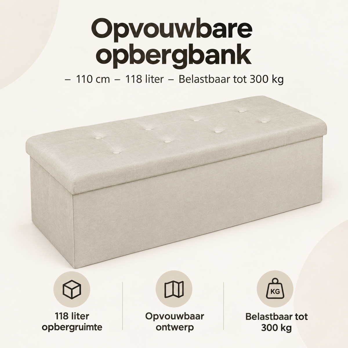 Opvouwbare opbergbank van BukkitBow, 110 cm lang, 118 liter capaciteit, tot 300 kg belastbaar, overzicht van kernvoordelen.