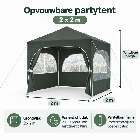 Afmetingen en productspecificaties van opvouwbare partytent 2x2