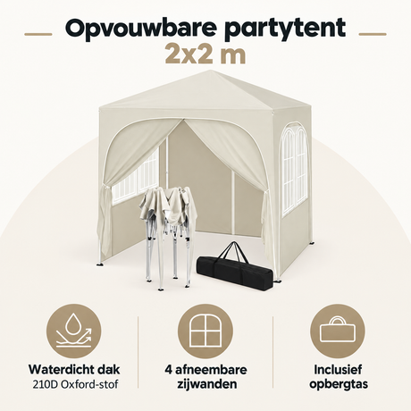 Overzicht van opvouwbare partytent 2x2 met de belangrijkste productvoordelen
