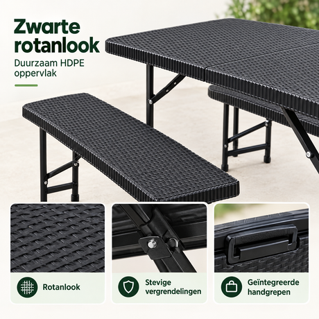 Opvouwbare picknickset van BukkitBow, 3-delig, zwart rotanlook, inclusief tafel en stoelen, 180 cm, geschikt voor buitengebruik