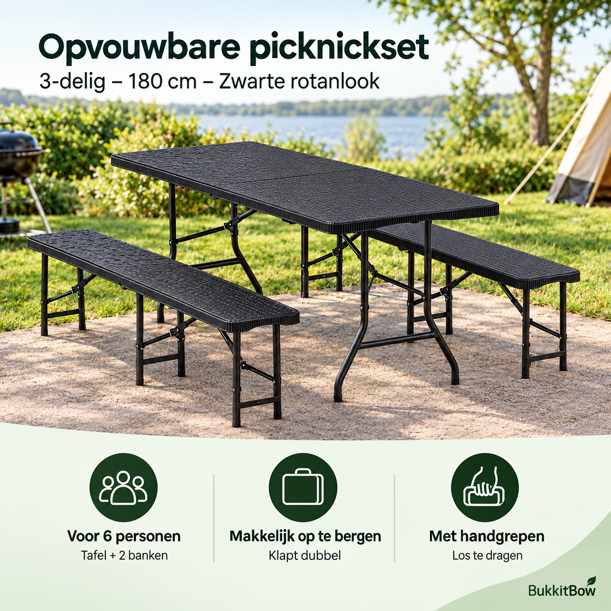 Opvouwbare picknickset van BukkitBow met 3 delen, zwart rotanlook, inclusief tafel en stoelen, makkelijk op te vouwen en te vervoeren