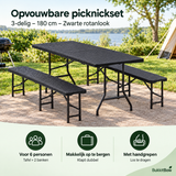 Opvouwbare picknickset van BukkitBow met 3 delen, zwart rotanlook, inclusief tafel en stoelen, makkelijk op te vouwen en te vervoeren