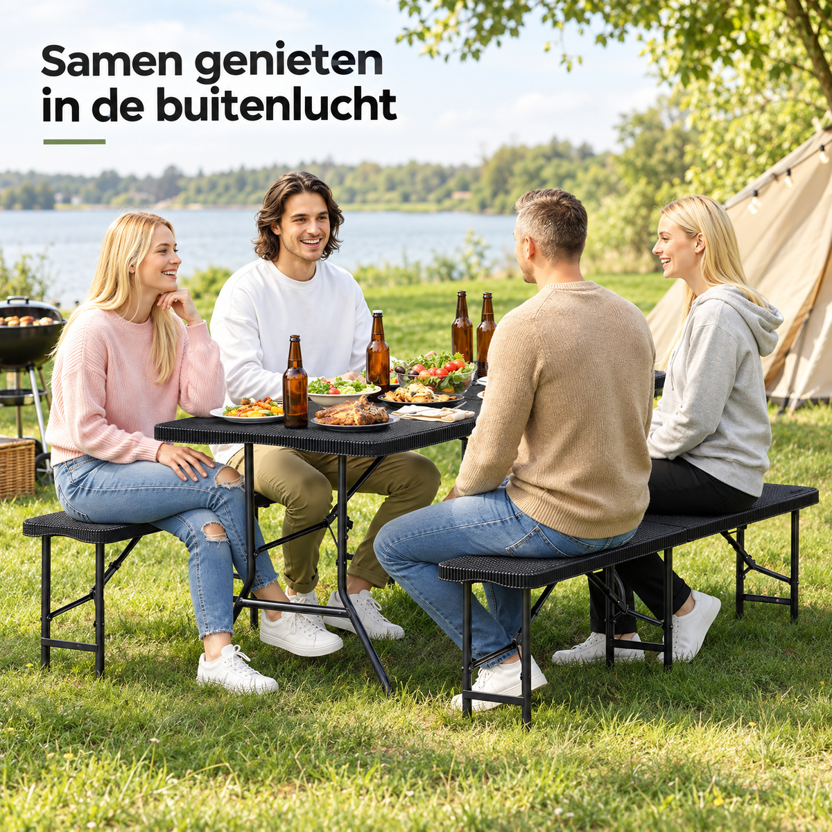 Opvouwbare BukkitBow picknickset van 3 delen met zwarte rotanlook en 180 cm lengte, geschikt voor buitengebruik.