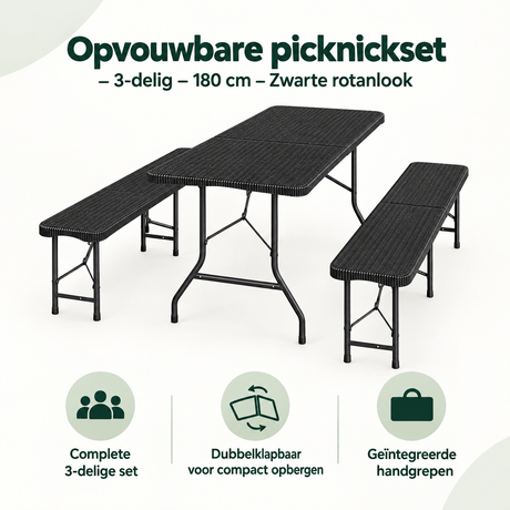 Opvouwbare picknickset van BukkitBow, 3-delig, met zwarte rotanlook en 180 cm lang, ideaal voor buiten picknicks en ontspannen zitjes.