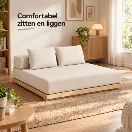 Opvouwbare BukkitBow 2-zits slaapbank in beige ribstof, 140 cm breed, geschikt voor lounge en slaapgebruik.