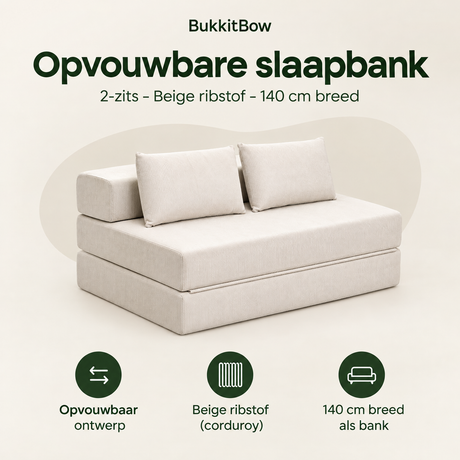 Beige opvouwbare slaapbank voor 2 personen van BukkitBow, 140 cm breed, met ribstof en multifunctioneel ontwerp