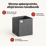 Set van 3 of 5 grijze opvouwbare stoffen opbergboxen met labelvenster van BukkitBow voor georganiseerde opbergruimte