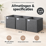 Set van 3 of 5 opvouwbare stoffen opbergboxen van BukkitBow in grijs met labelvenster voor overzichtelijke opslag