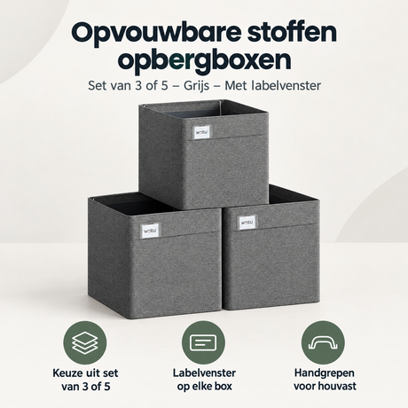 Set van 3 of 5 grijze stoffen opbergboxen van BukkitBow met labelvenster, opvouwbaar en ideaal voor organiseren van spullen.