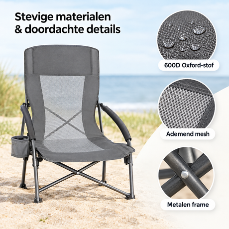 Opvouwbare strandstoel van BukkitBow met bekerhouder, draagtas en lichtgewicht ontwerp, geschikt voor ontspanning op het strand.