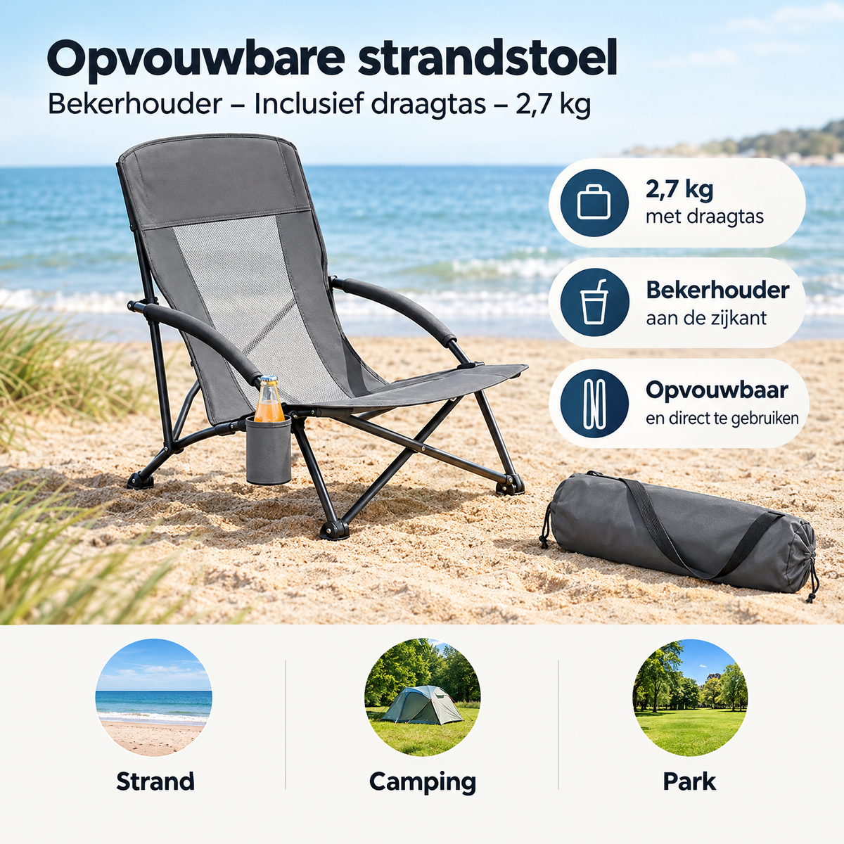 Opvouwbare BukkitBow strandstoel met bekerhouder en draagtas, lichtgewicht van 2,7 kg, ideaal voor het strand.
