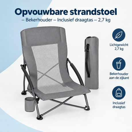 Opvouwbare BukkitBow strandstoel met bekerhouder en draagtas, lichtgewicht van 2,7 kg, ideaal voor strand en buitengebruik.