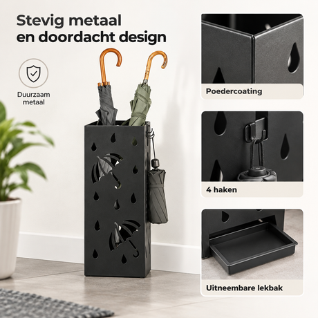Vierkante metalen paraplubak met lekbak en 4 haken, afmetingen 20x20x49 cm, van BukkitBow, geschikt voor natte paraplu's.