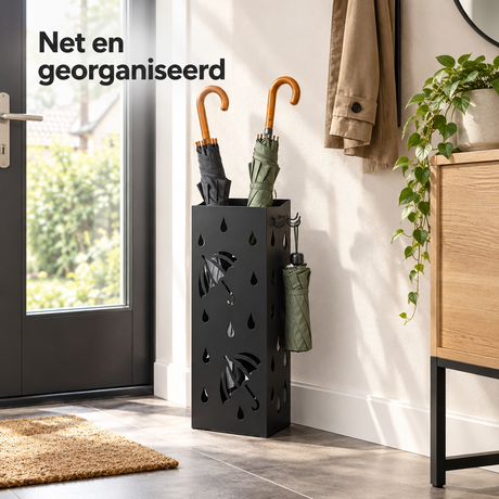 Vierkante metalen paraplubak met lekbak en 4 haken, 20x20x49 cm, geschikt voor vochtige paraplu's, van BukkitBow