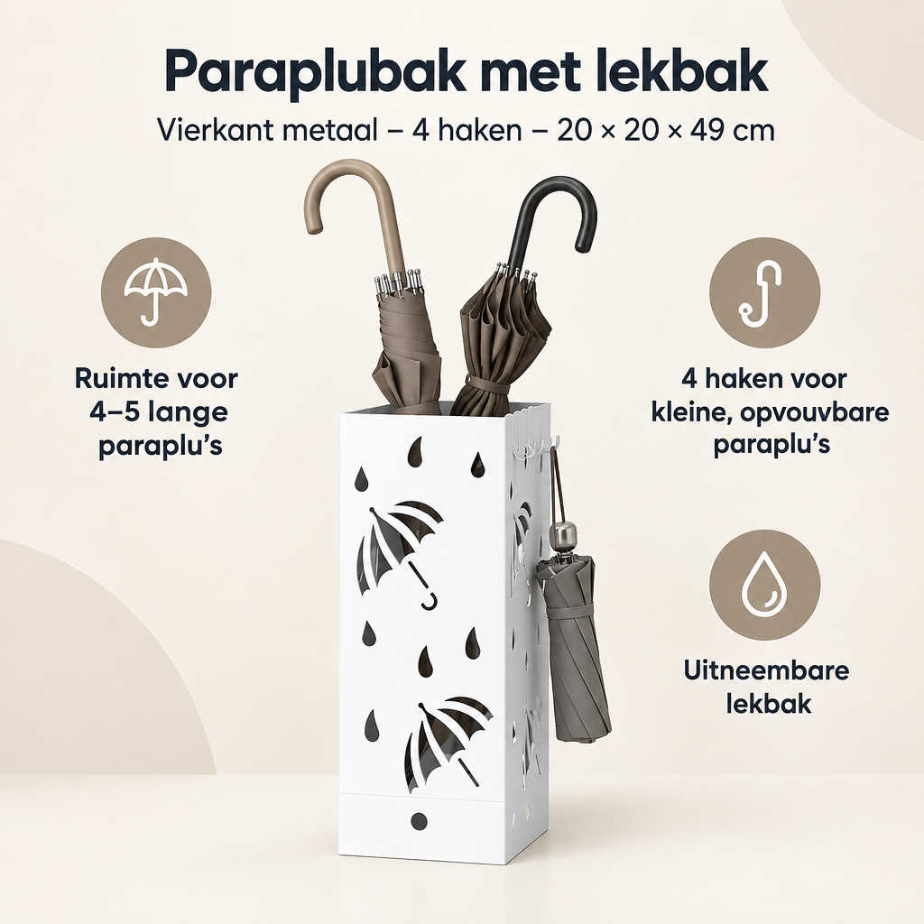 Overzicht van paraplubak met lekbak met de belangrijkste productvoordelen