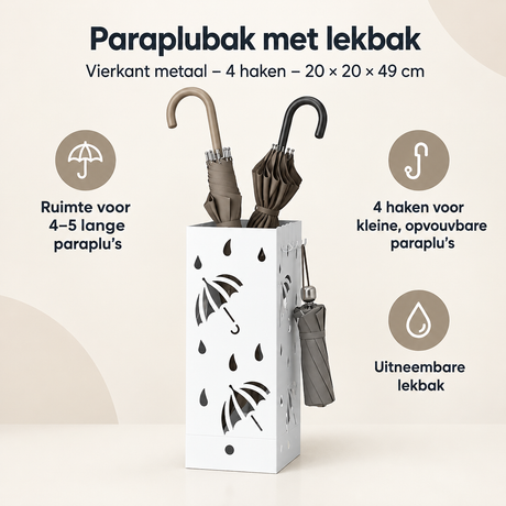 Vierkante metalen paraplubak met lekbak en 4 haken, 20x20x49 cm, geschikt voor het opbergen van paraplu's en accessoires.