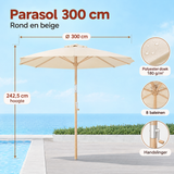 Ronde beige stokparasol van 300 cm met kantelbare functies en slinger, geschikt voor buitengebruik, van BukkitBow