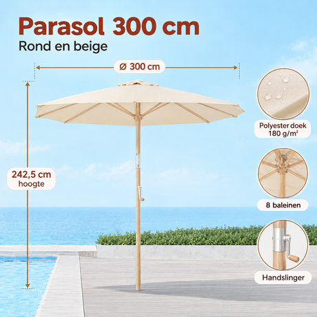 Ronde beige stokparasol van 300 cm met kantelbare functies en slinger, geschikt voor buitengebruik, van BukkitBow