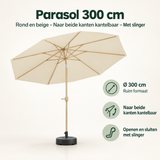 Ronde beige stokparasol van BukkitBow, 300 cm, kantelbaar naar beide kanten met slinger voor schaduw en bescherming.