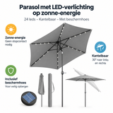 Stokparasol van BukkitBow met LED-verlichting op zonne-energie, kantelbaar en inclusief beschermhoes, zichtbaar in de afbeelding