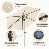 Stokparasol van BukkitBow met LED-verlichting, zonne-energie, kantelbaar en met beschermhoes, zichtbaar in close-up detail.