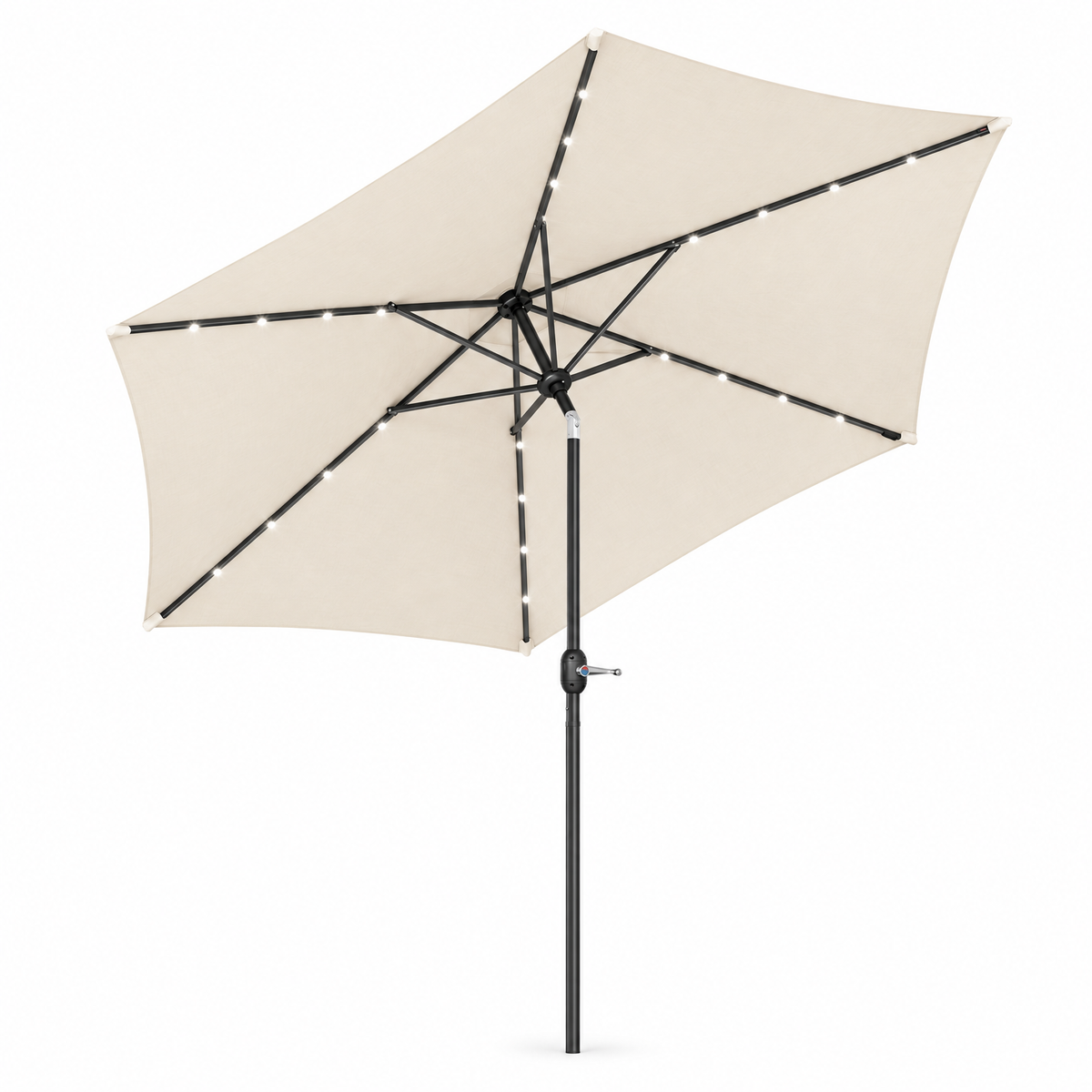 BukkitBow stokparasol met LED-verlichting op zonne-energie, kantelbaar en met beschermhoes, ondergaande zon op de achtergrond