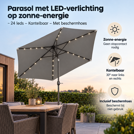 Stokparasol van BukkitBow met geïntegreerde LED-verlichting op zonne-energie, kantelbaar en inclusief beschermhoes, buitengebruik.