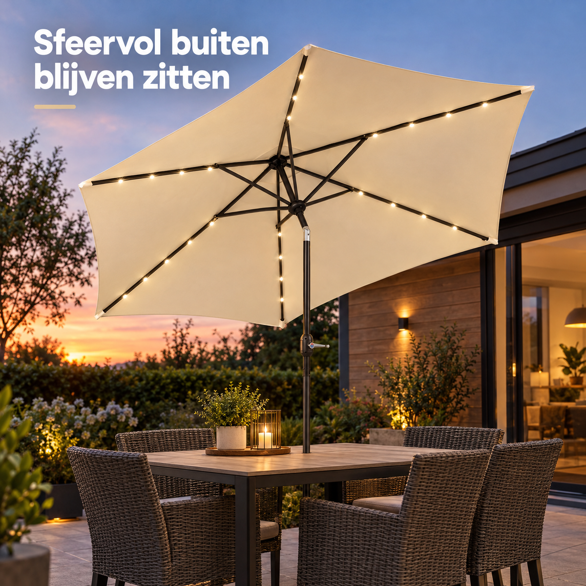 BukkitBow stokparasol met 24 LED-verlichting op zonne-energie, kantelbaar en inclusief beschermhoes voor buitengebruik