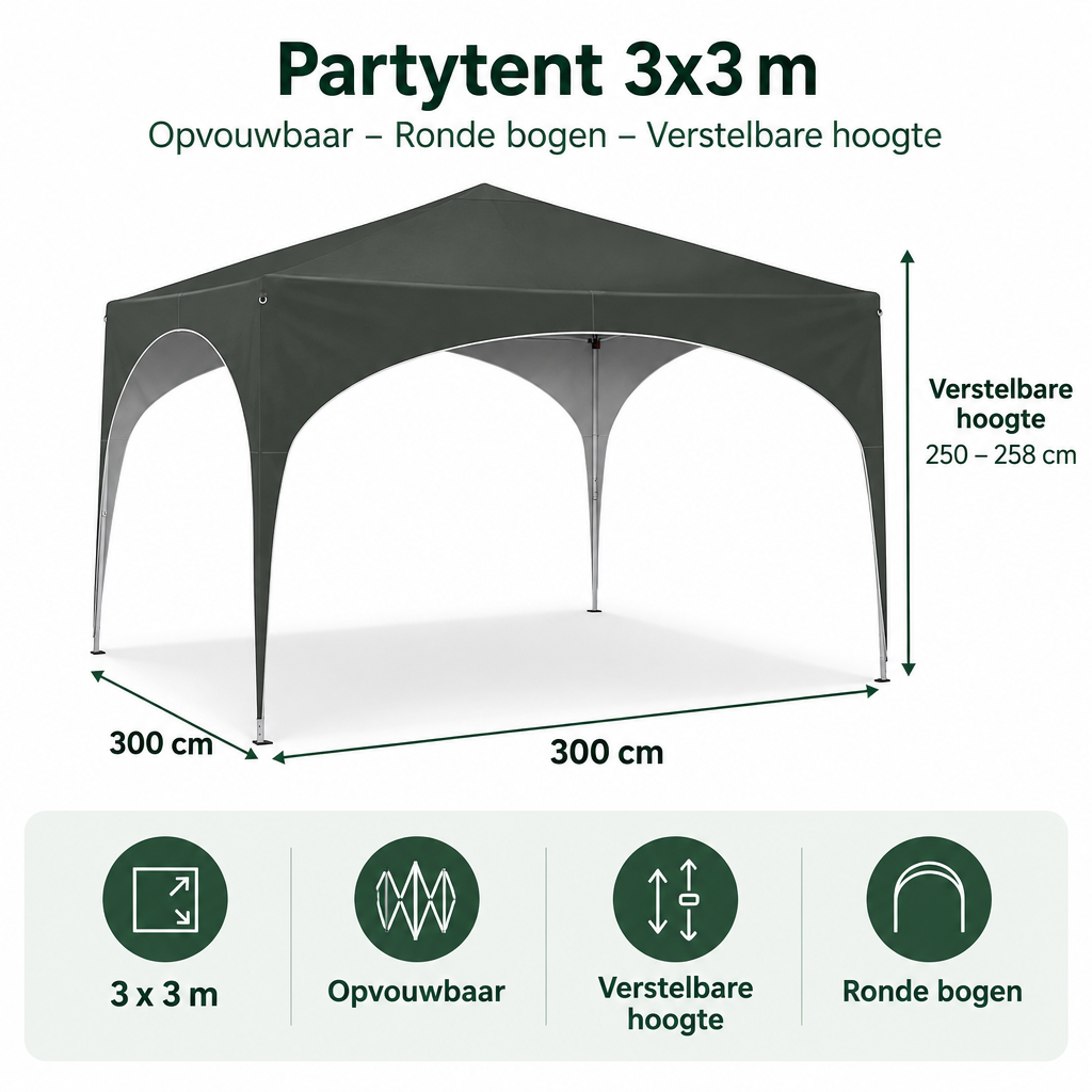 Afmetingen en productspecificaties van partytent 3x3 m