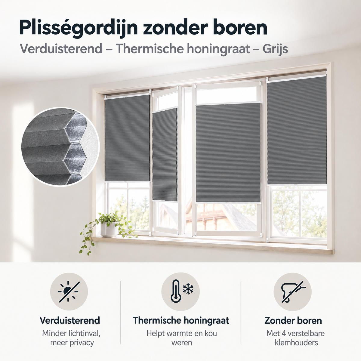 Grijs plisségordijn zonder boren van BukkitBow, verduisterend en thermisch honingraat voor privacy en isolatie