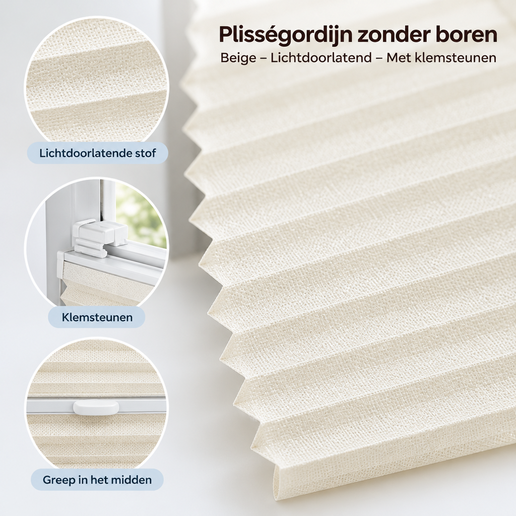 Detail van materiaal en afwerking van plisségordijn zonder boren