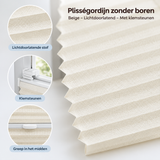 Detail van materiaal en afwerking van plisségordijn zonder boren