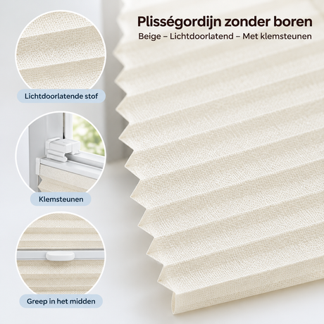 Detail van materiaal en afwerking van plisségordijn zonder boren