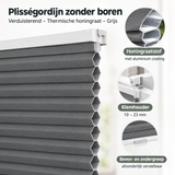Grijs verduisterend plisségordijn zonder boren van BukkitBow met thermische honingraatstructuur, geschikt voor raamdecoratie
