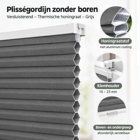 Grijs verduisterend plisségordijn zonder boren van BukkitBow met thermische honingraatstructuur, geschikt voor raamdecoratie